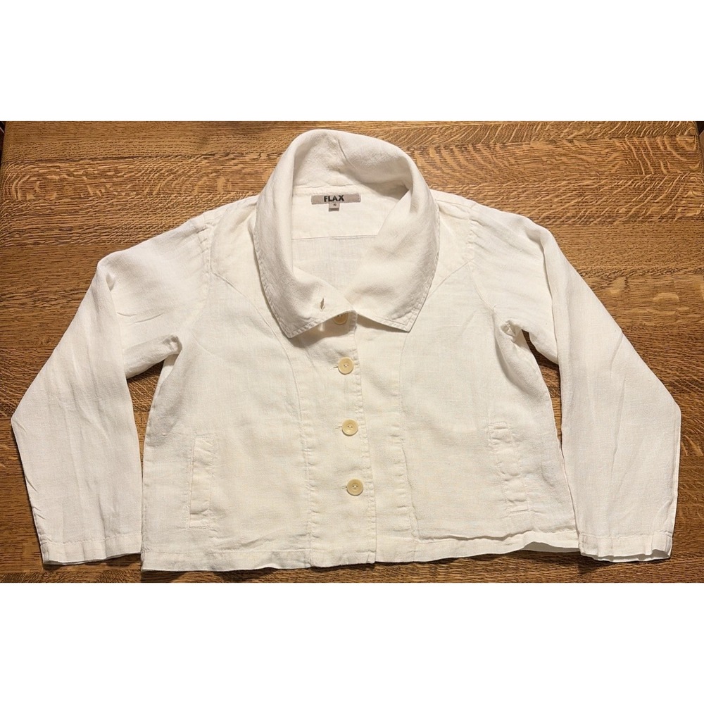 Flax Button Front‎ Shirt/ Jacket 100% Linen Ivory Lagenlook Minimalist S Pockets